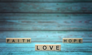 FAITH LOVE HOPE- words created with letter tiles